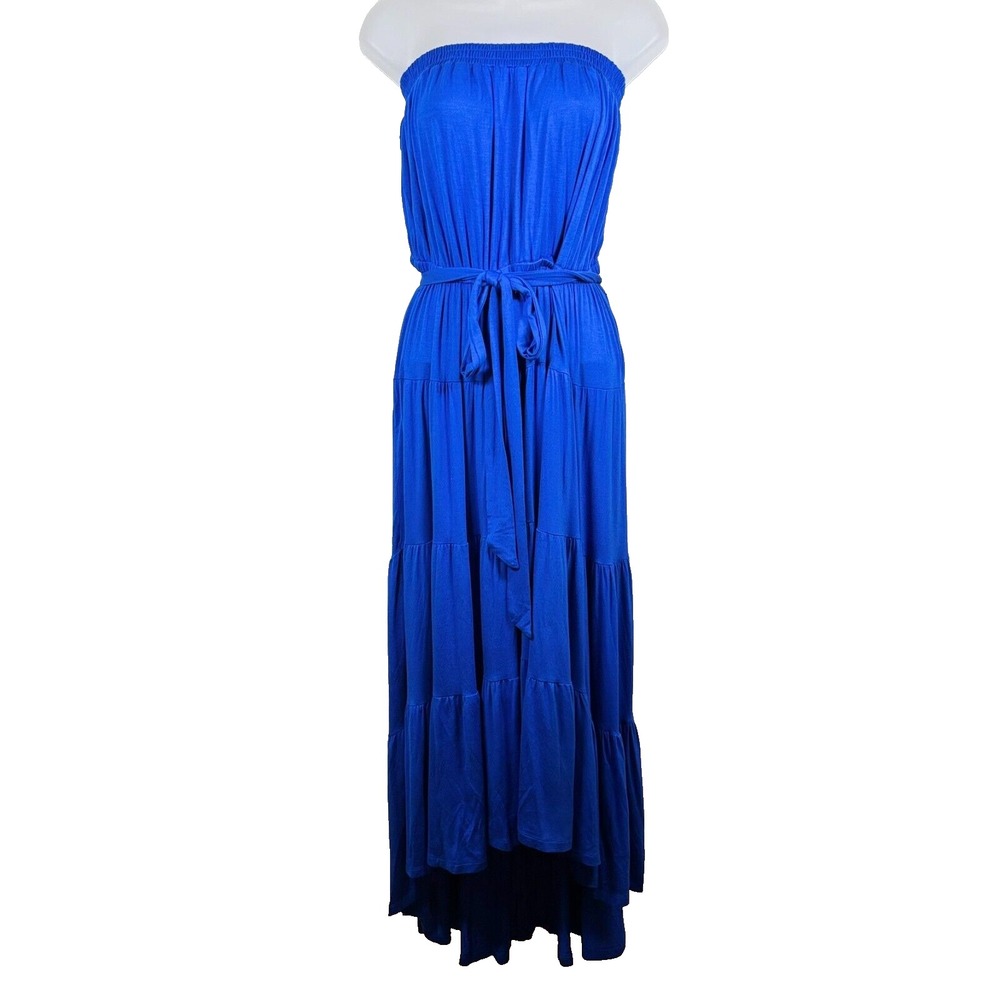 La Blanca Draped Darling Strapless Midi Dress XL Blue Tiered Swimsuit Cover Up - Picture 2 of 10